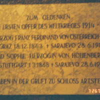 Franz Ferdinand and Sophie marker in Habsburg burial crypt Vienna AU.JPG